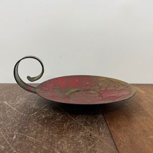 Red Green Candle Holder‎ Plate with Metal Loop Handle Unique Decor